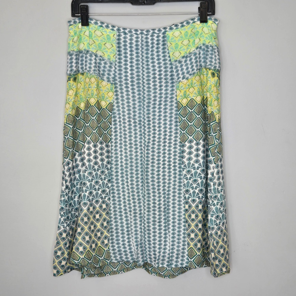 Prana Womens Geometric Diamond‎ Print A-Line Midi Skirt Green Teal Size 4